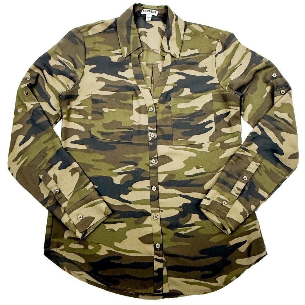 Express Camouflage Portofino Shirt Semi Sheer Roll Tab Sleeve Blouse Olive Green